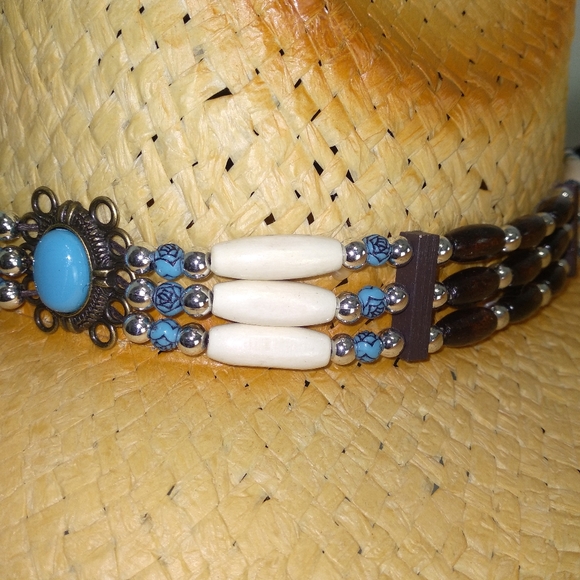 Tan Brown Turquoise Beaded Band Cowgirl Hat w/ Beaded Tassel Necklace Set - Picture 8 of 9